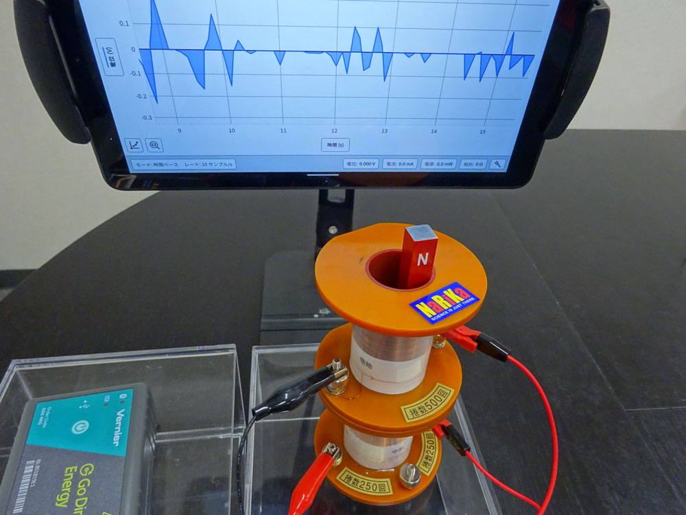 電磁誘導実験（by 2重コイル）（with 電気エネルギーセンサ）